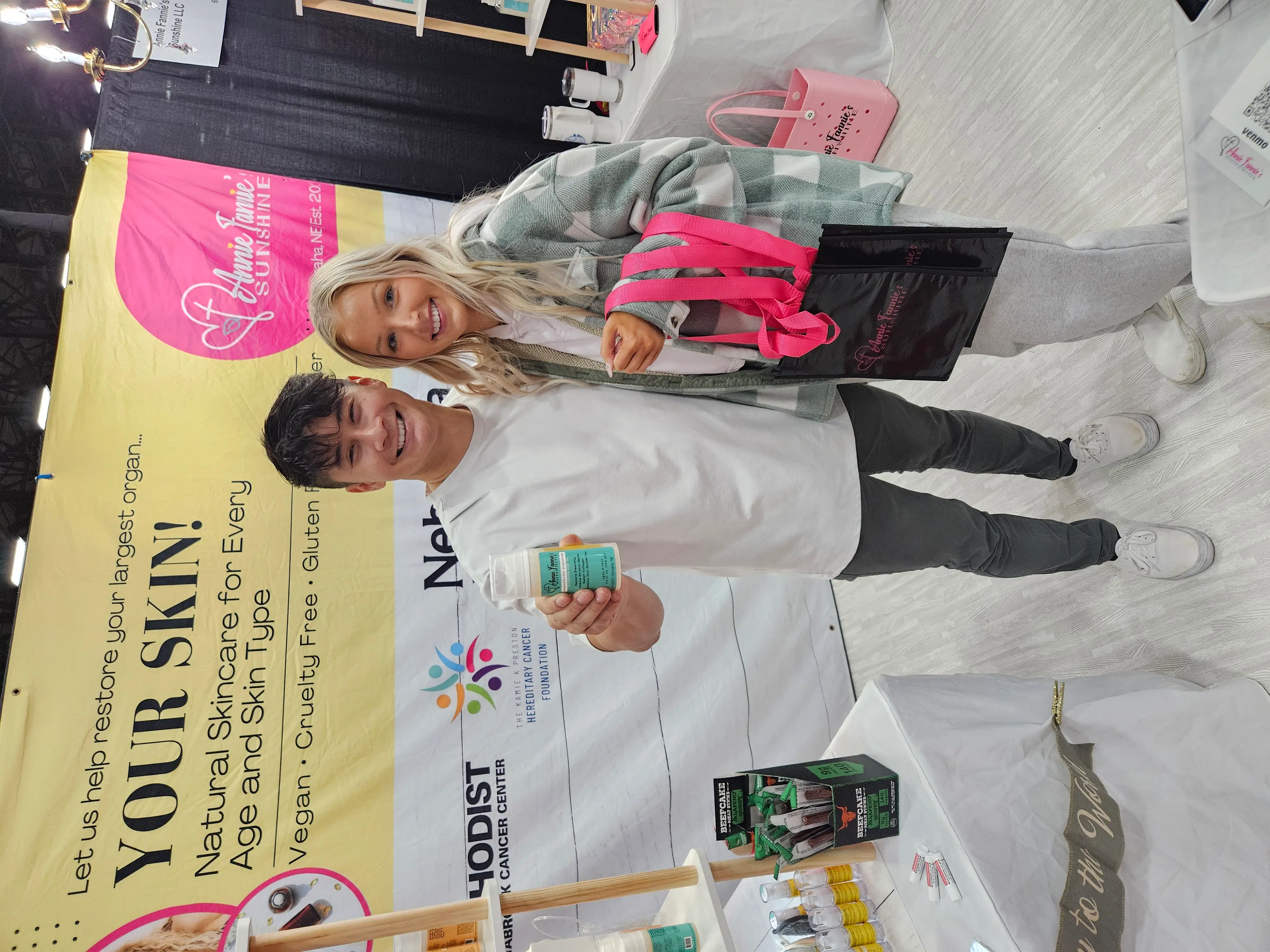 Boat-shaped shelf display — beachy, clean table setup with Annie Fannie’s Sunshine products