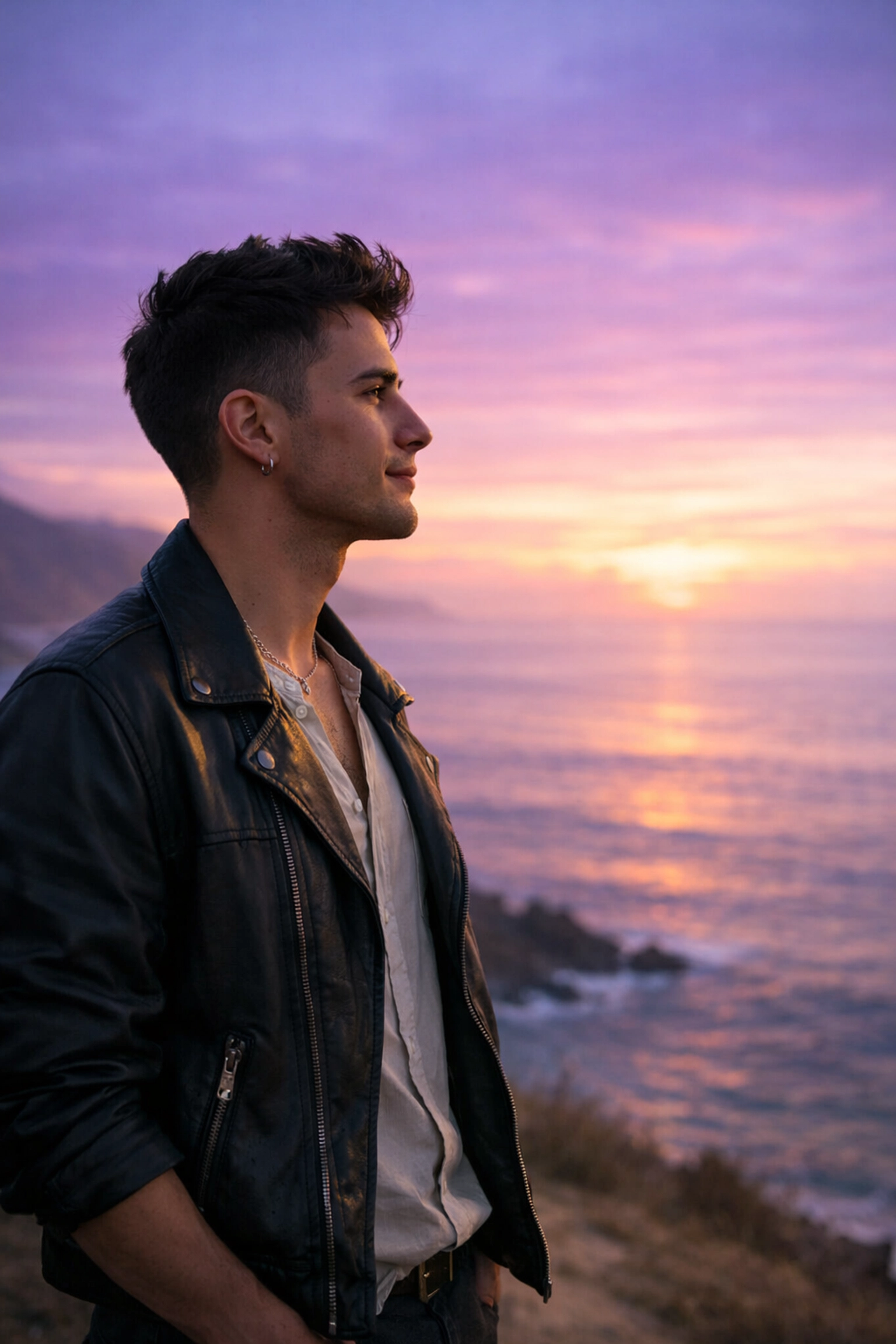 A hopeful gay man watching the sunrise on a cliffside, representing queer healing and LGBTQ+ resilience.