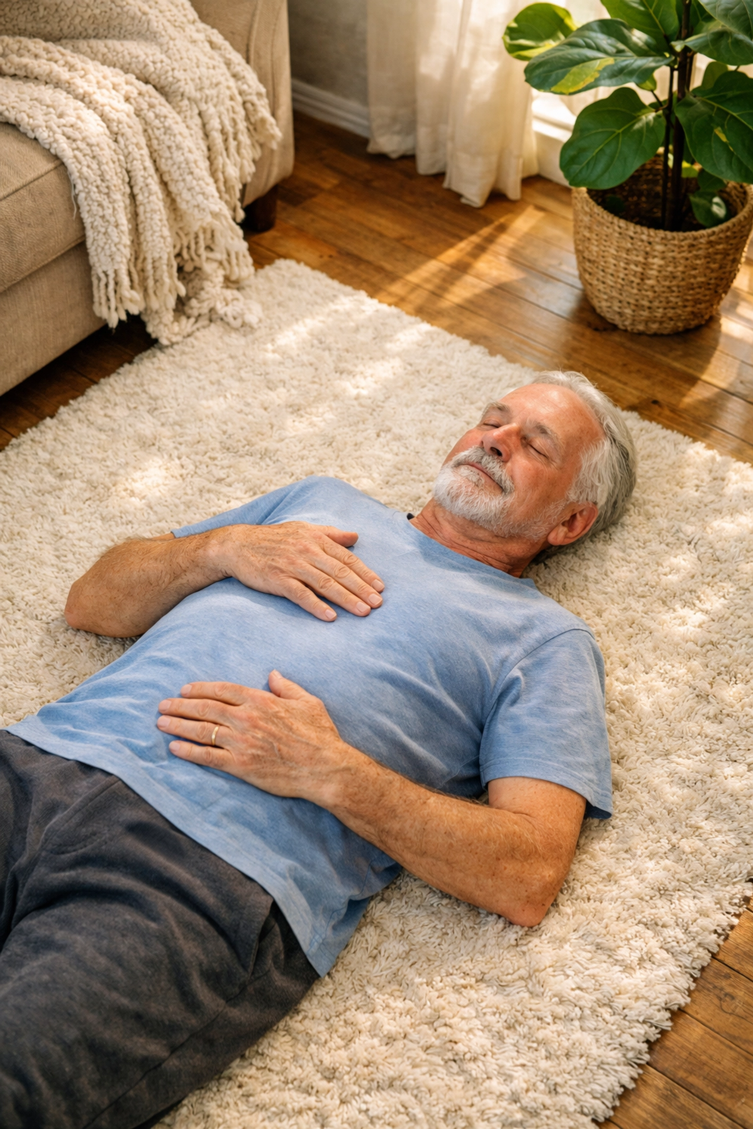 Senior man performing a post-fall body scan to check for injuries while lying safely on a rug.