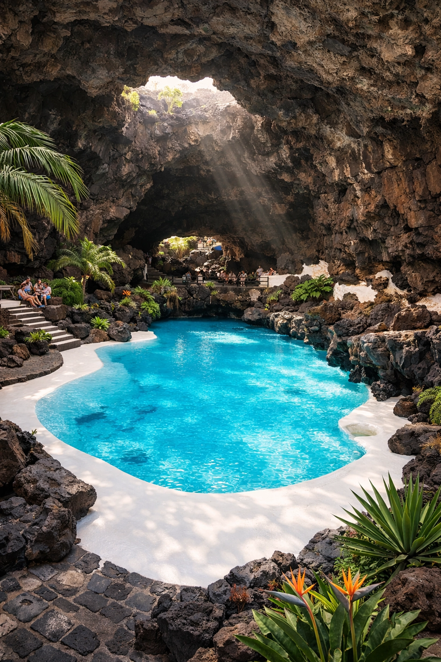 The iconic white pool at Jameos del Agua, a César Manrique masterpiece for your Lanzarote travel.