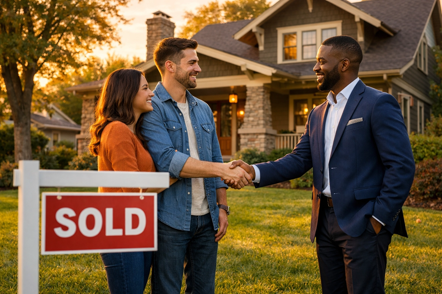 Professional Triangle real estate agent shaking hands with a happy couple next to a sold sign in NC.