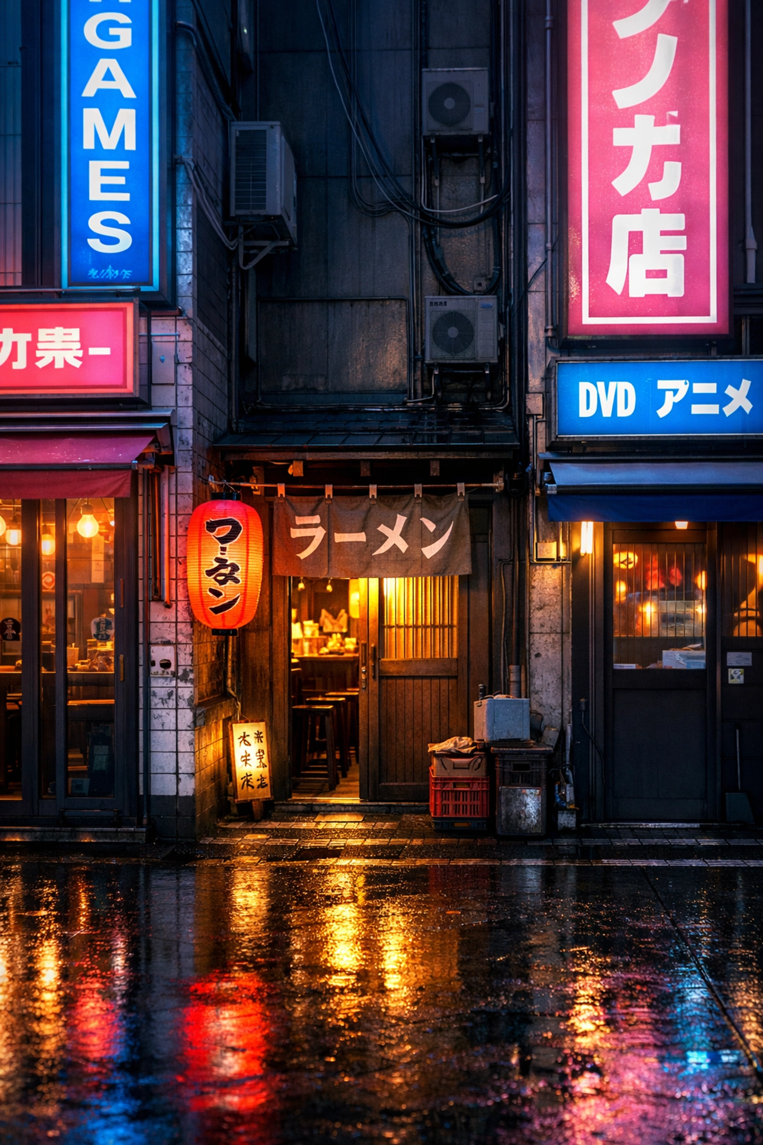 Traditional ramen shop tucked between neon buildings in Akihabara, a top photo spot for local food tours.