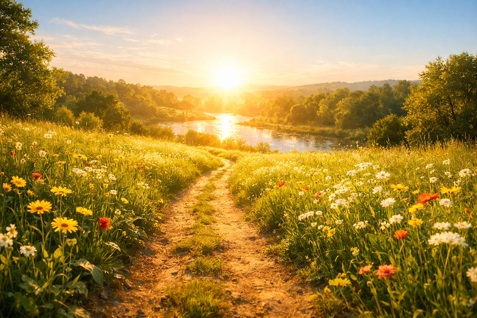 A sunlit path through a meadow leading toward a distant river, representing the daily journey of following Jesus.