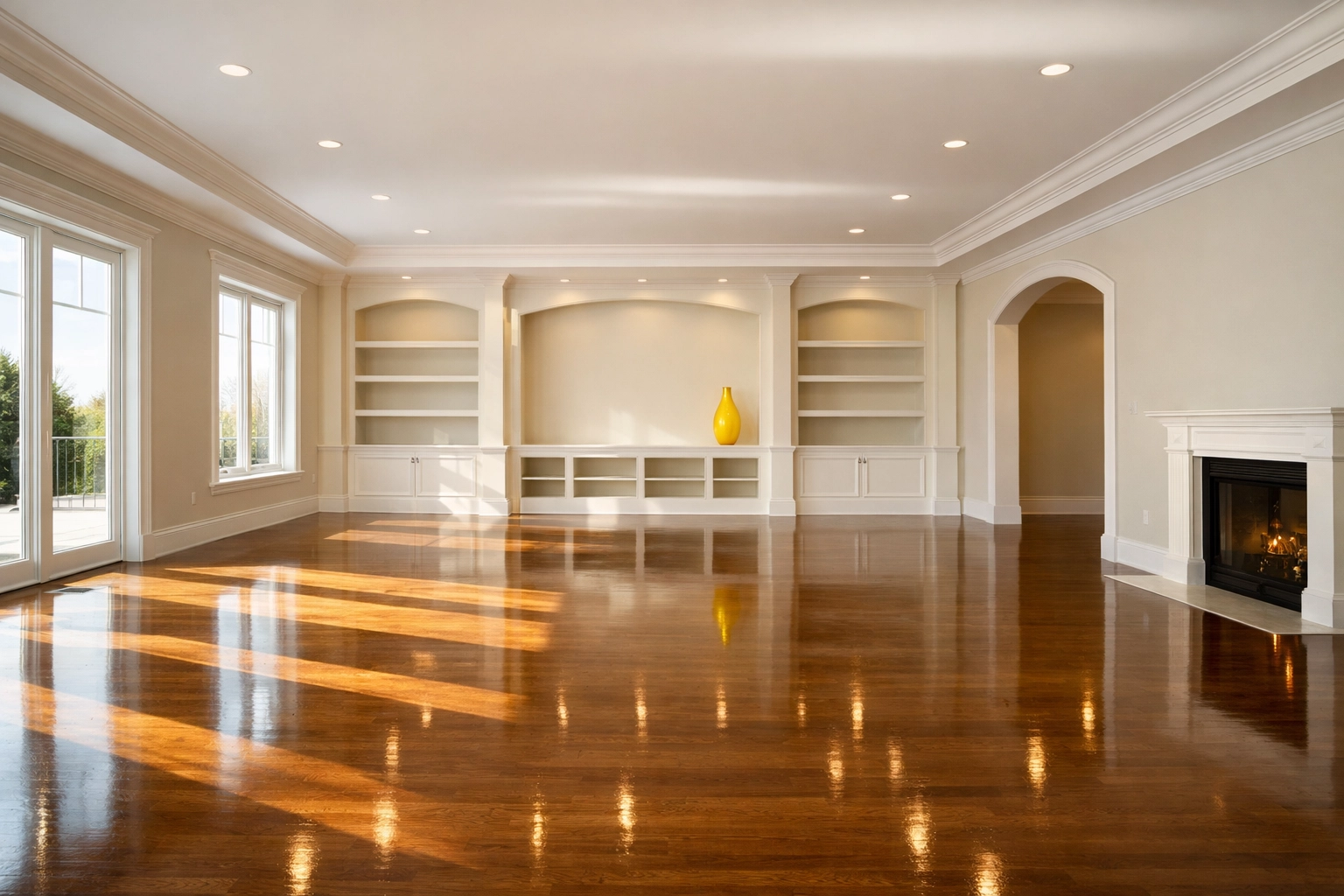 A perfectly clean and empty high-end living room in Stow, ready for the final landlord walkthrough.