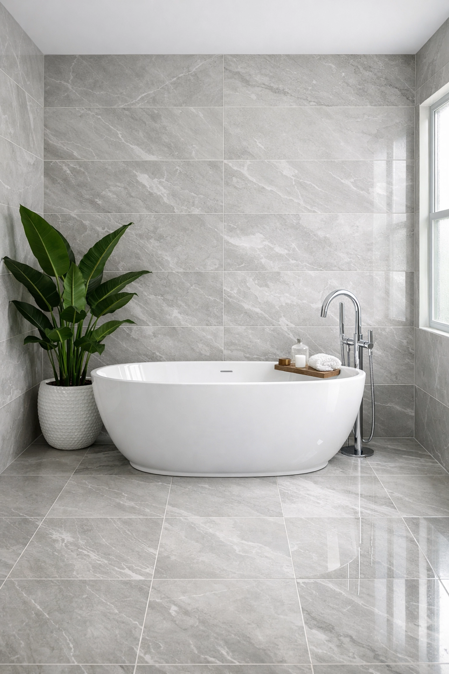 Elegant Orlando bathroom with porcelain tile installation and marble-look finish