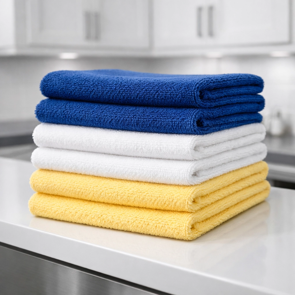 Freshly laundered microfiber cloths stacked for professional deep cleaning Westford house services.