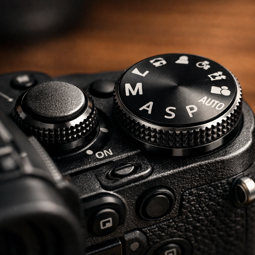 Detailed view of a camera manual mode dial, part of our how to use manual mode camera photography tutorials.