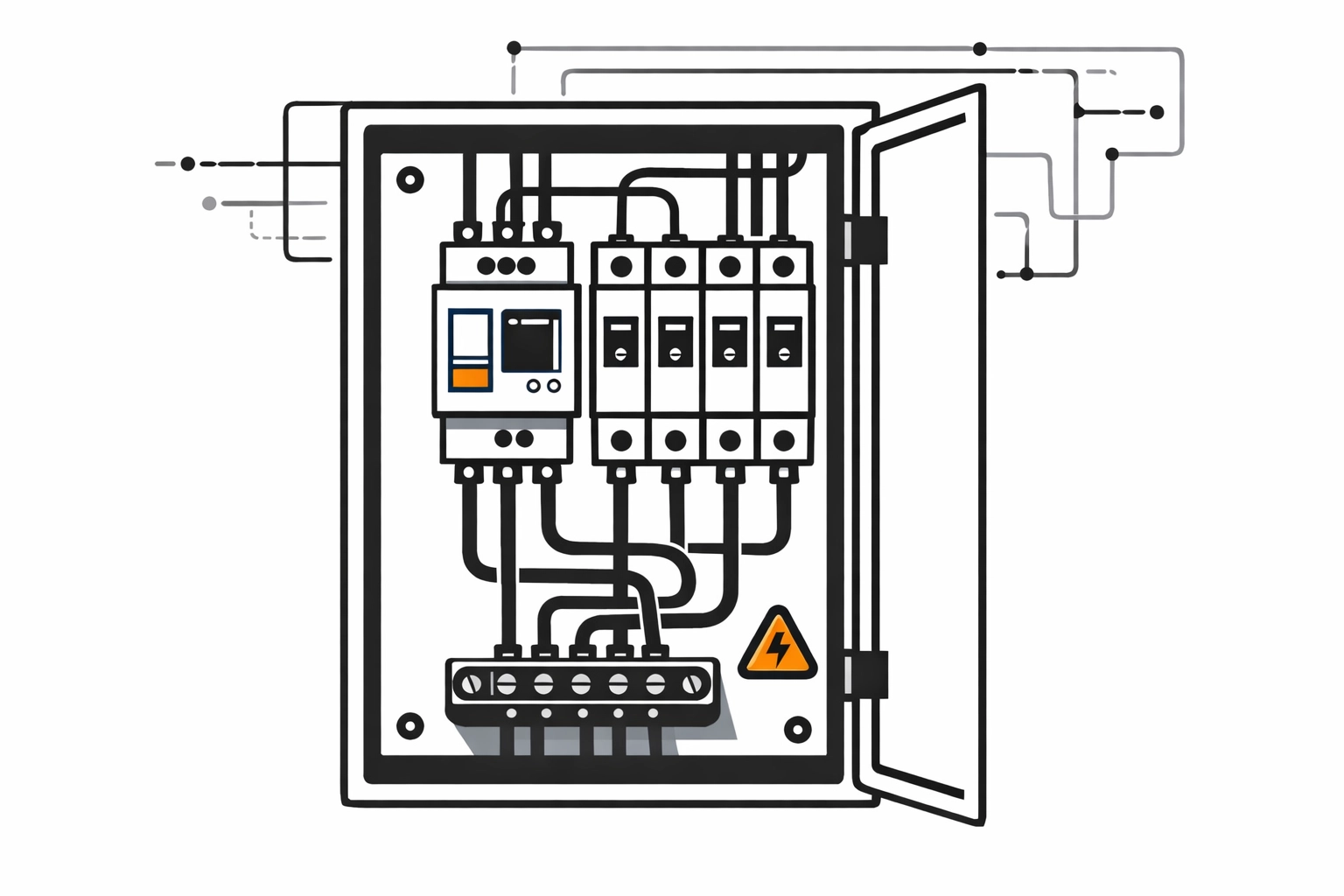 Illustration: Distribution box/RCD as a technical vector graphic – Elektro-Zentrum CI (Black/Dark Grey/Orange)