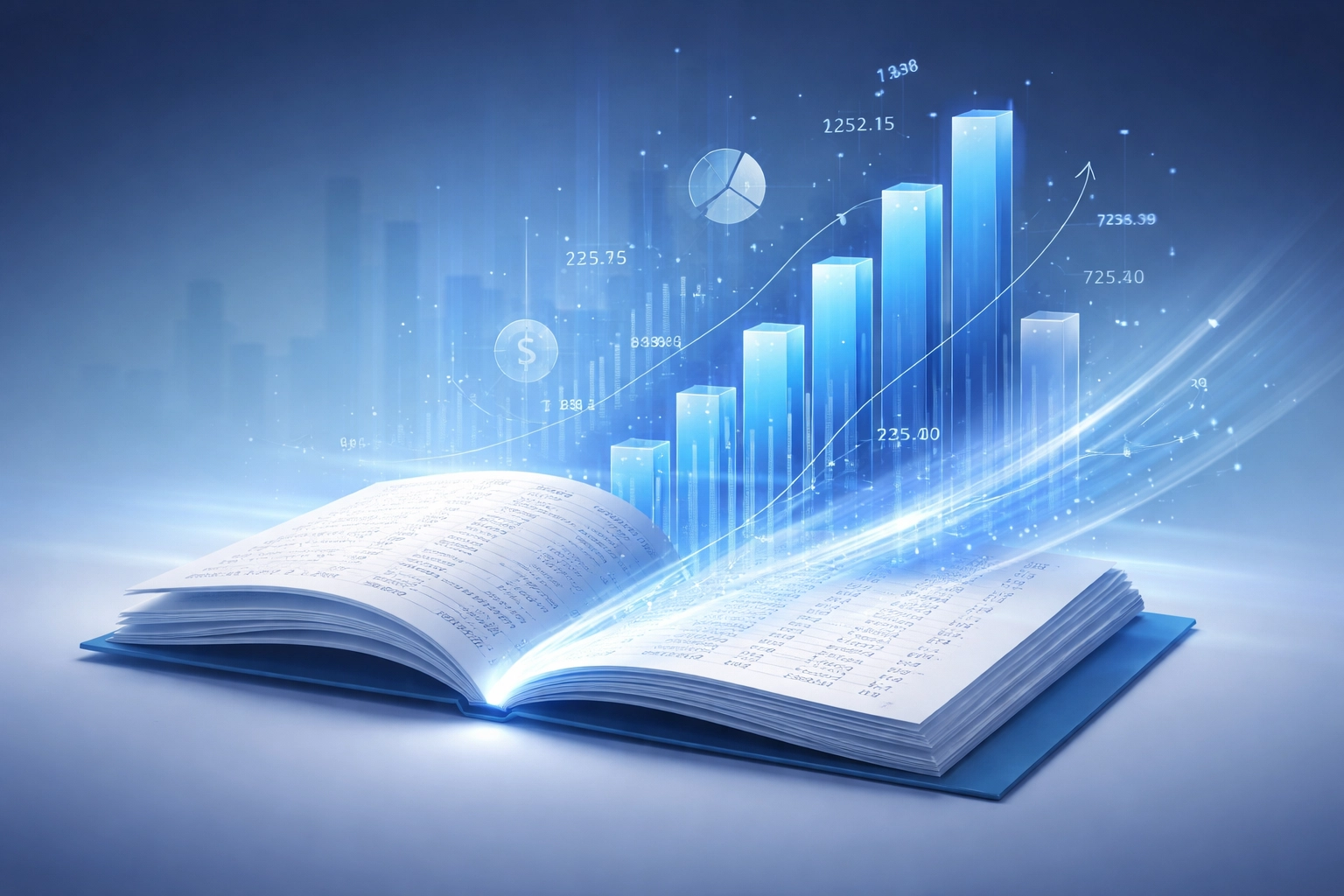 Ledger book turning into digital charts, showing transition to professional bookkeeping for property owners