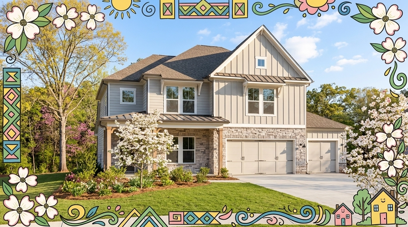 A sun-drenched traditional Craftsman home in Marietta, Georgia, with blooming dogwood trees and a welcoming porch, framed with playful hand-drawn accents. A sun-drenched traditional Craftsman home in Marietta, Georgia, with blooming dogwood trees and a welcoming porch, framed with playful hand-drawn accents.