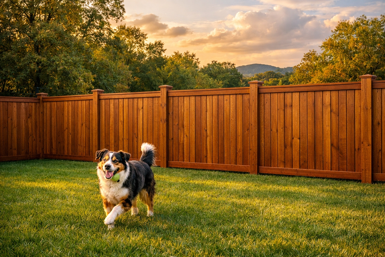 Restored wooden privacy fence with dog playing safely in enclosed Knoxville yard