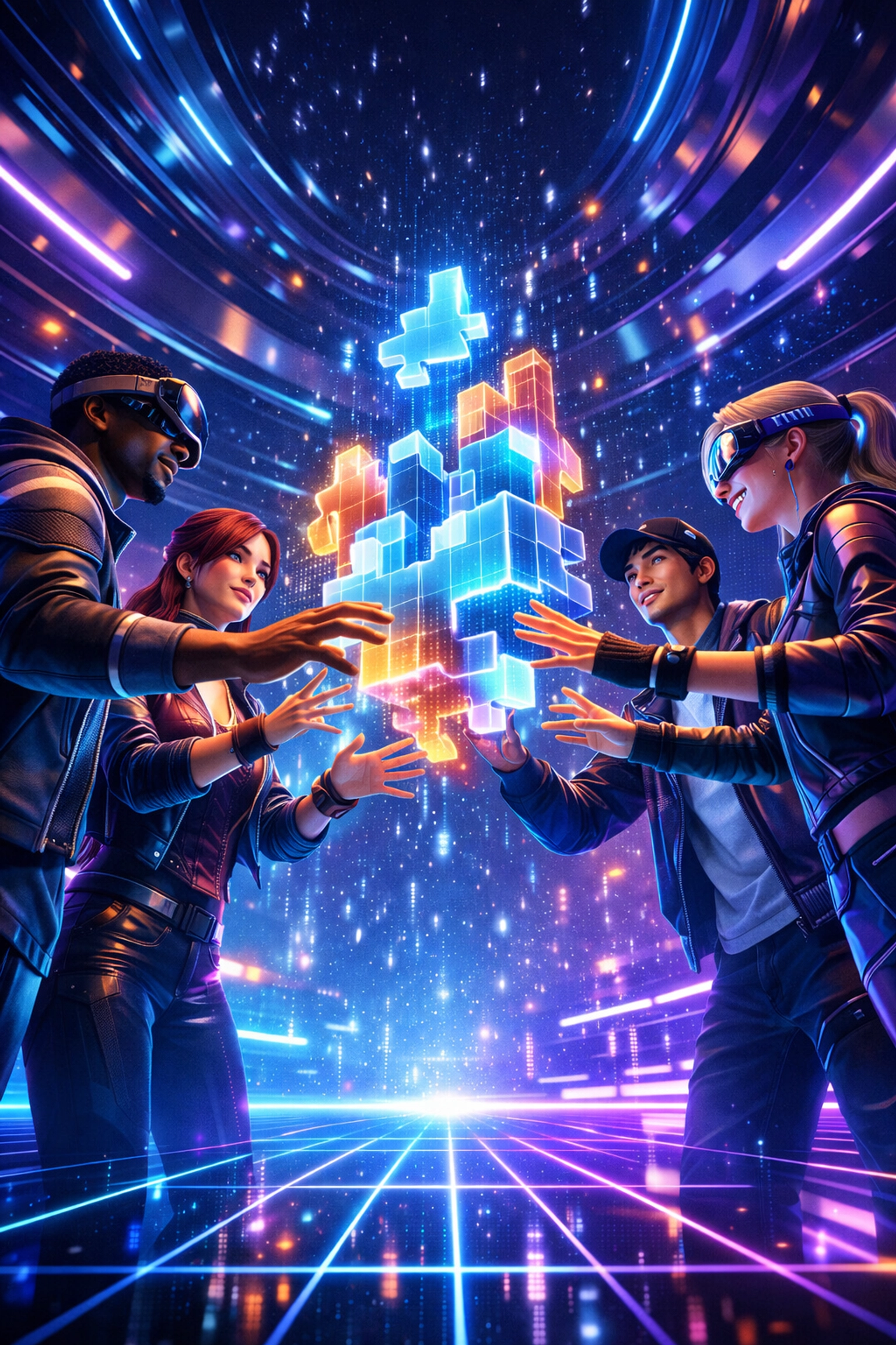 Team avatars collaborating together in immersive virtual reality team building environment