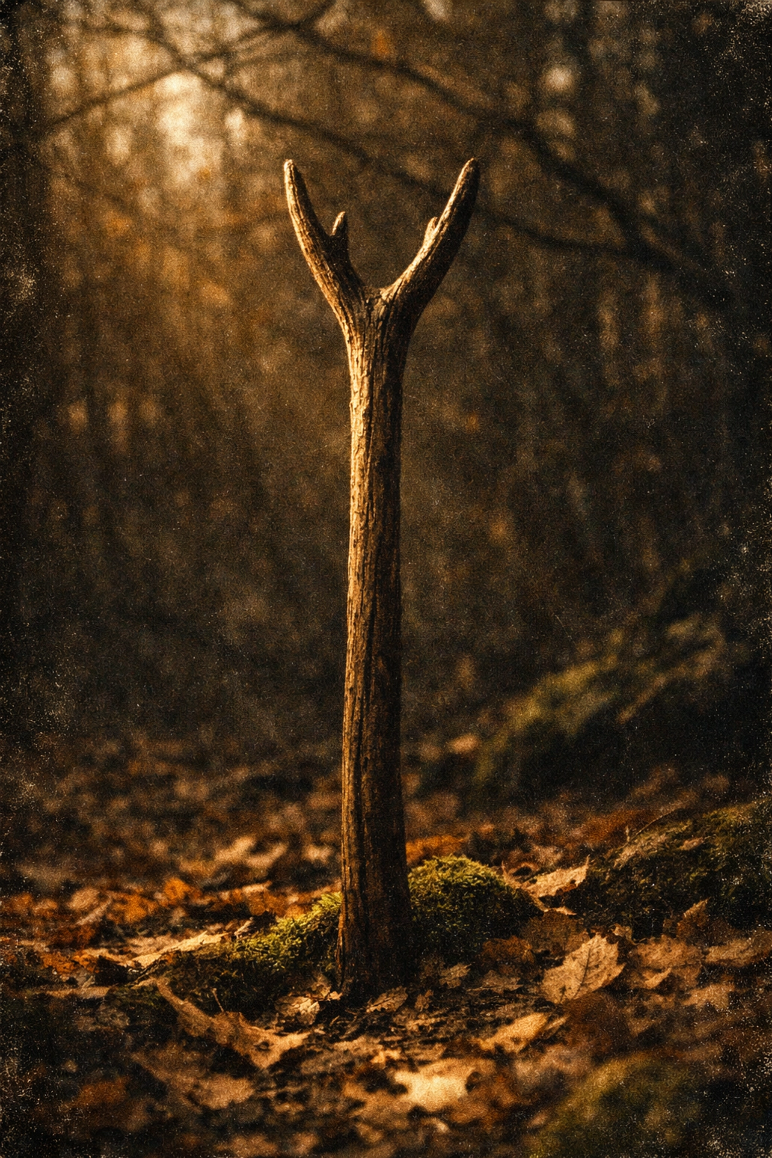Traditional witchcraft stang with forked top standing in forest soil among fallen leaves