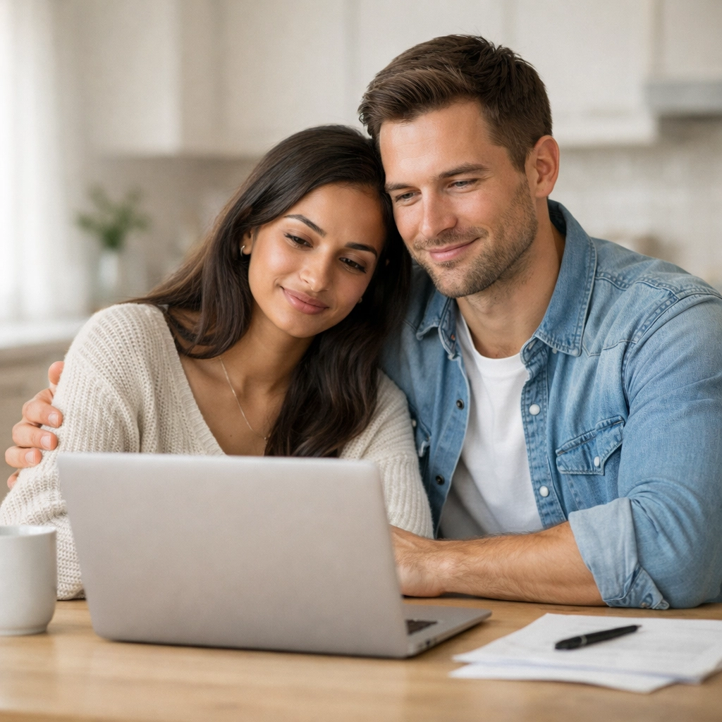 Relieved Canadian couple using a laptop to apply for an emergency loan with bad credit.