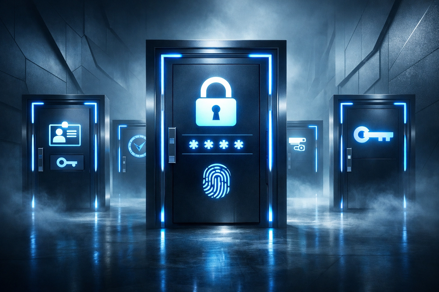 Secure admin portal doors showing multi-factor authentication requirements for Microsoft 365 access