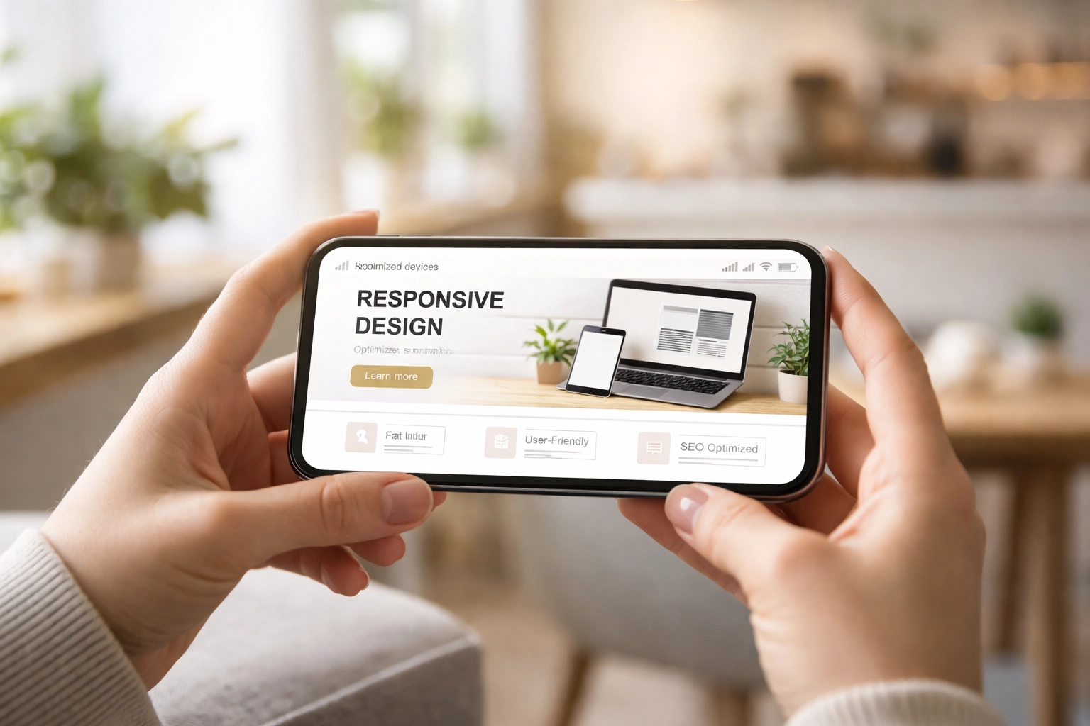Hands holding a smartphone in a cozy café, demonstrating a mobile-friendly website design for local business success.