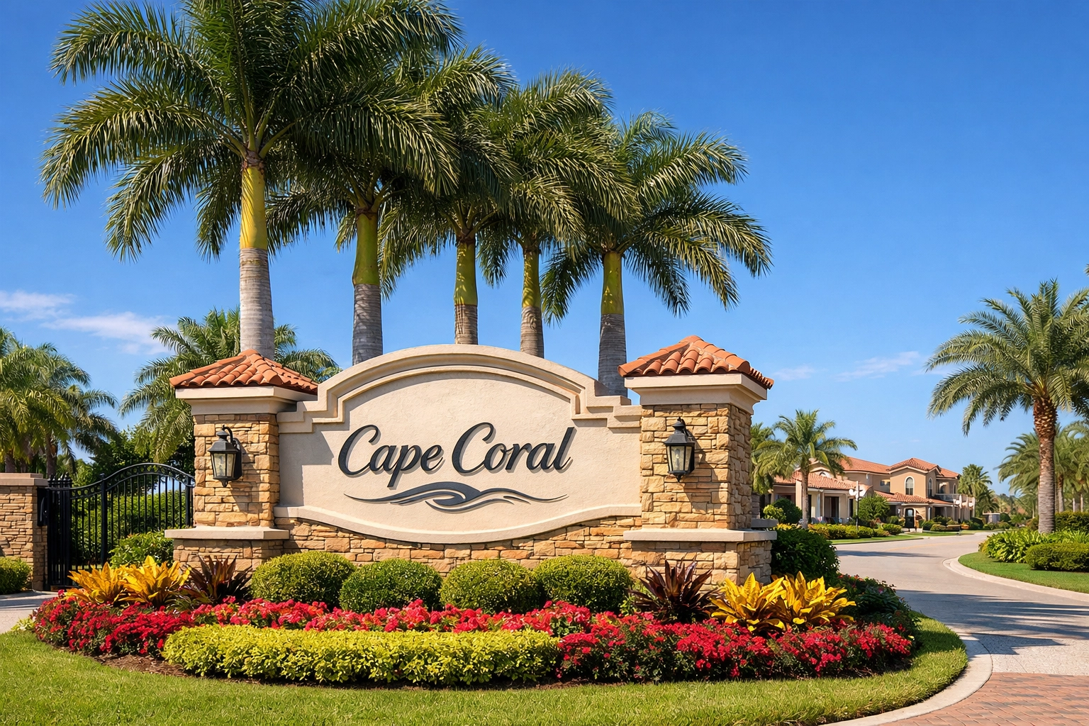 Entrance to a luxury gated community in Cape Coral Florida with tropical landscaping and palm trees.