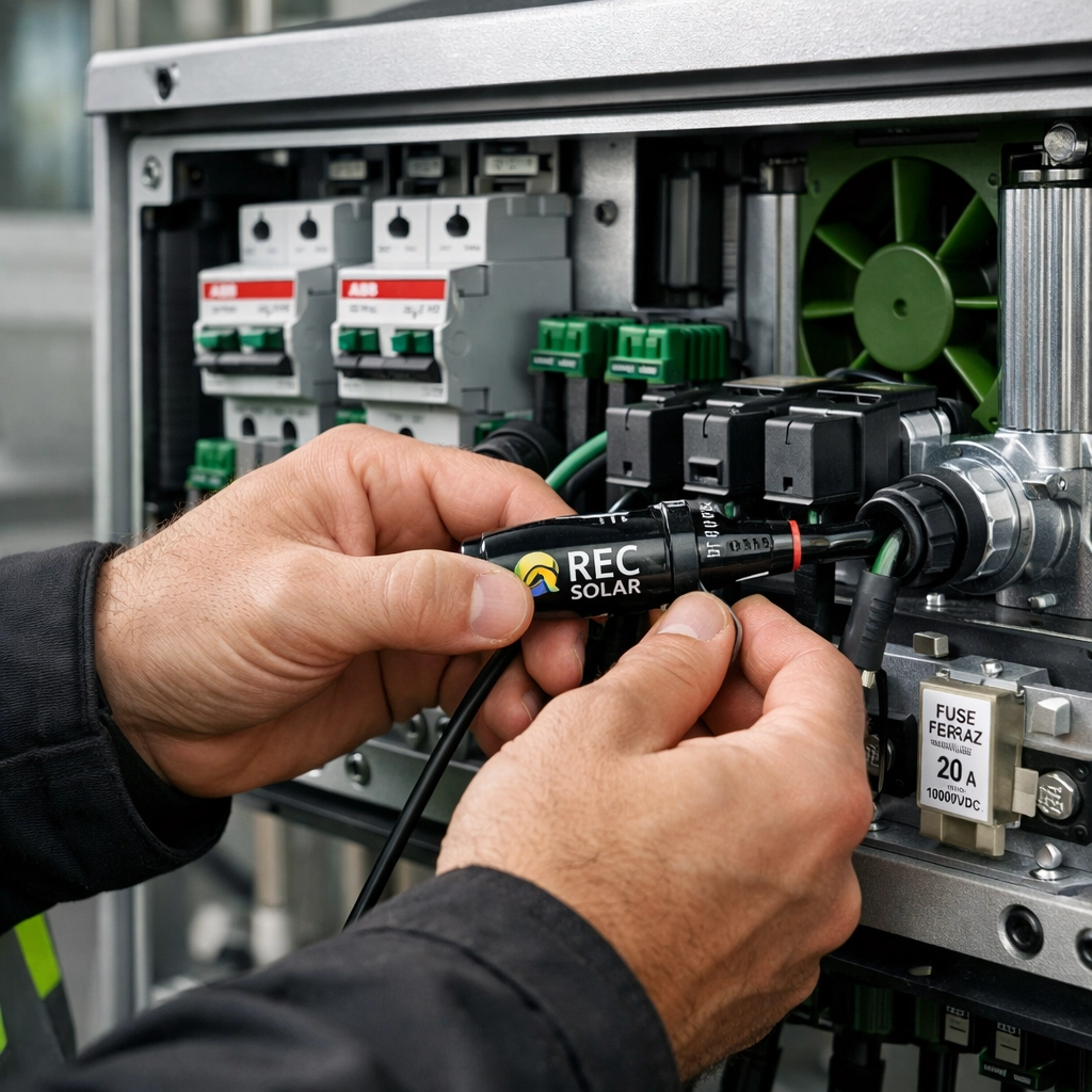 Professional solar panel installer in Dorset wiring a modern energy inverter system.