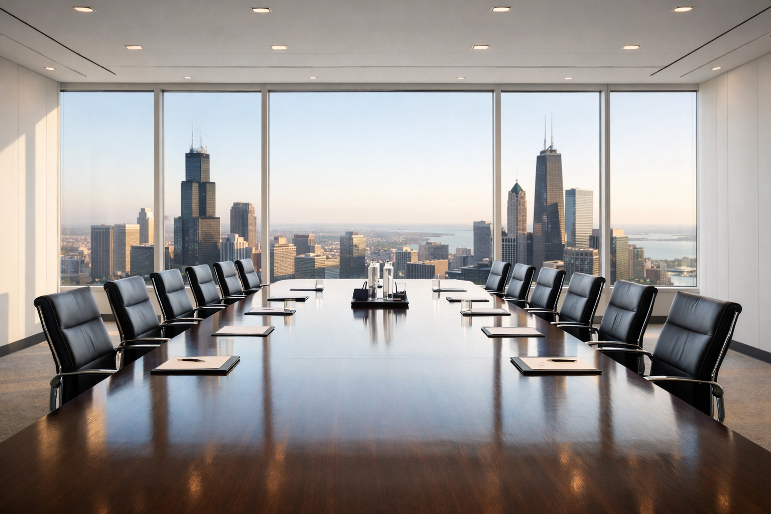 A clean corporate boardroom in a Chicago office building showing professional cleaning standards.