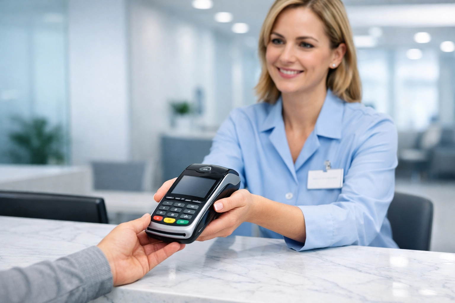 Professional healthcare reception desk showing efficient patient payment collection for optometry billing.