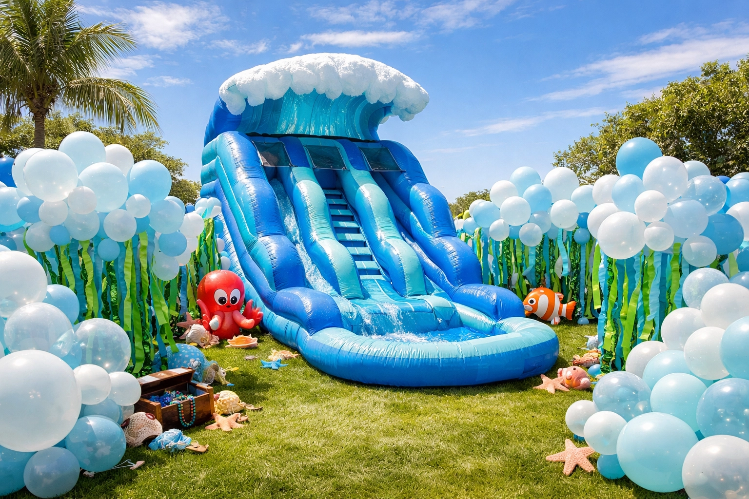 An ocean wave inflatable slide rental decorated for an under the sea themed kids birthday party.