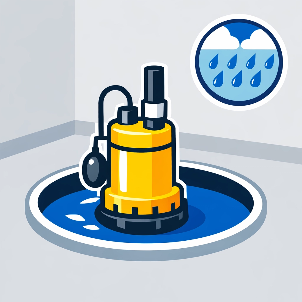 Vector illustration of a basement sump pump to prevent emergency flood cleanup during Pennsylvania storms.