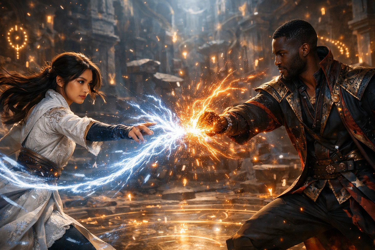 Two mages engaging in a magical competition illustrating the rivals to lovers romance trope.