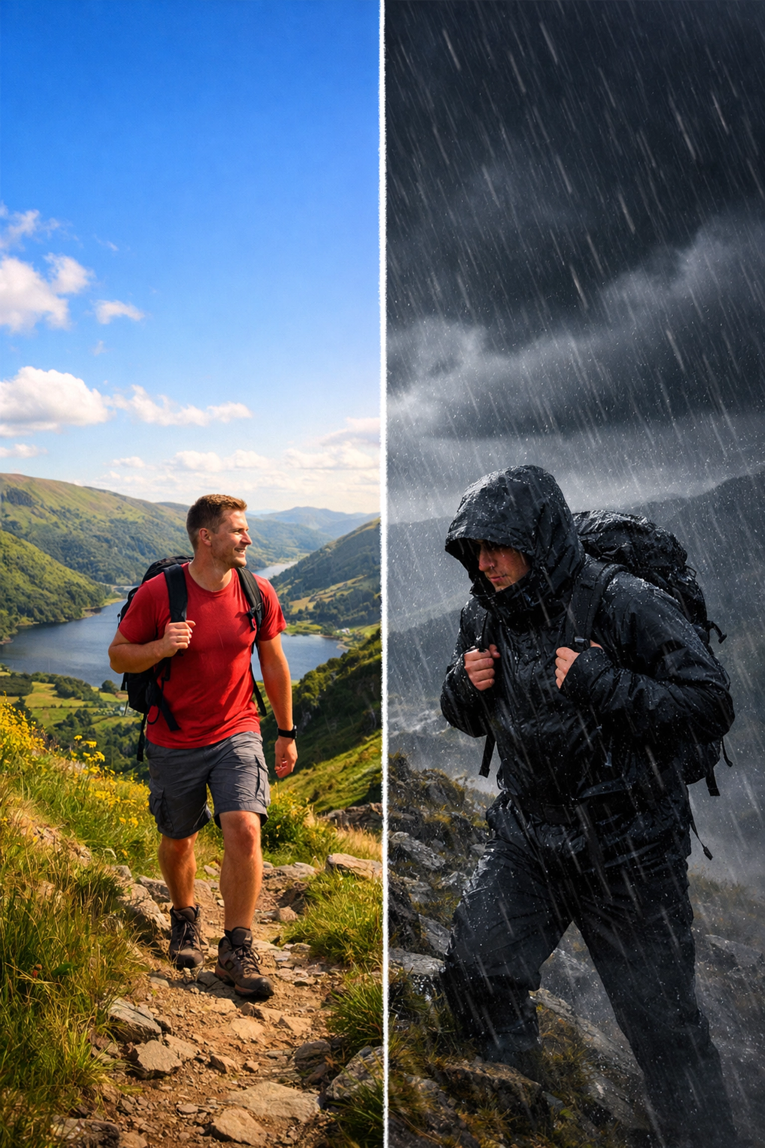 UK hiking weather contrast showing sunny conditions changing to stormy rain on mountain trail