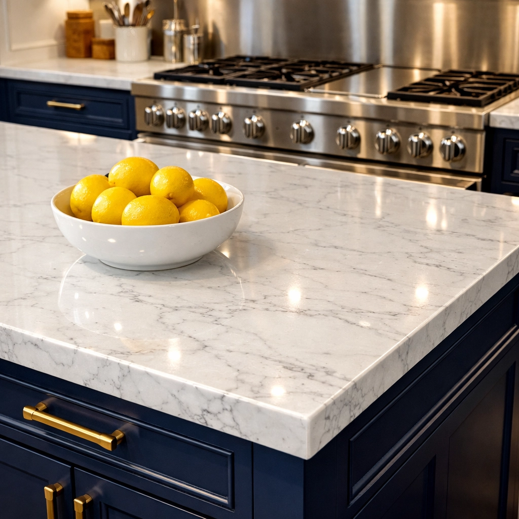 Sparkling marble kitchen island and grease-free stove from a professional deep cleaning in Groton, MA.