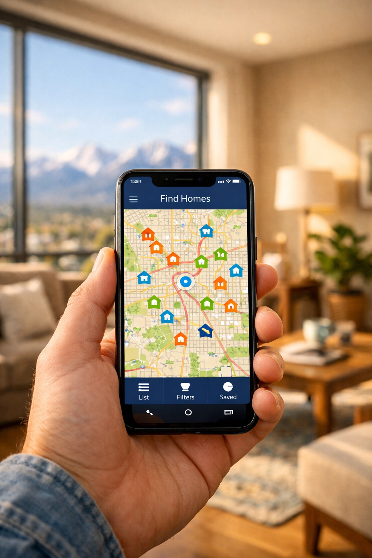 A buyer using a smartphone to search Denver real estate listings on an interactive map.