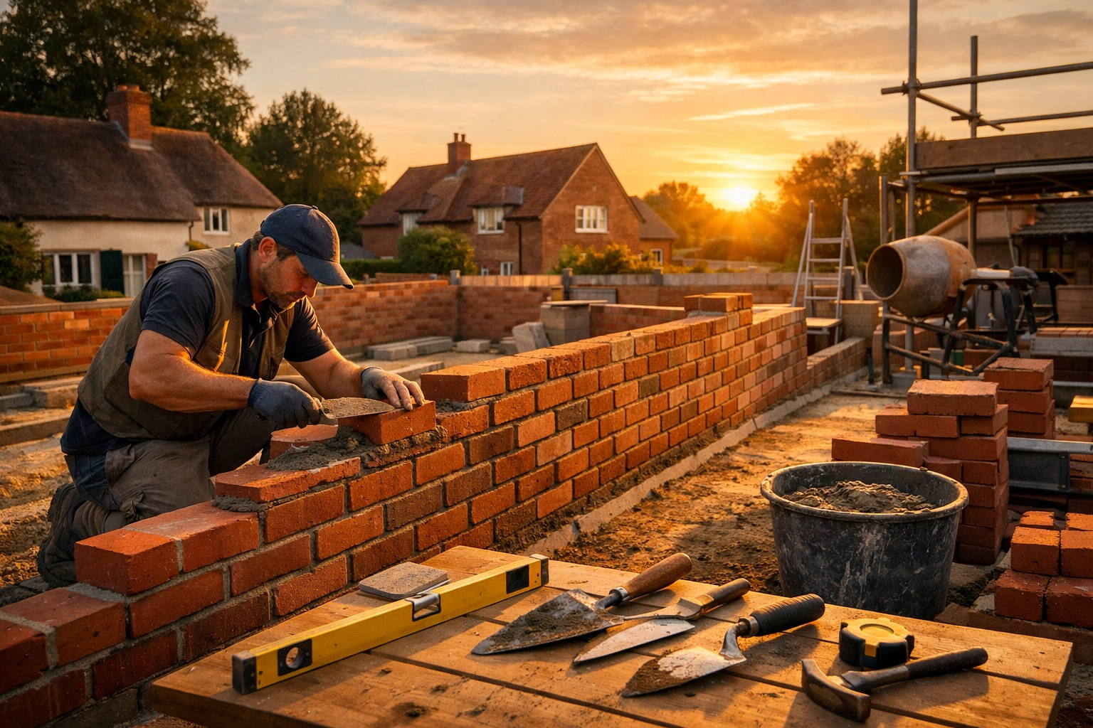 A professional builder in West Sussex laying bricks for a home extension on a clean, focused construction site.