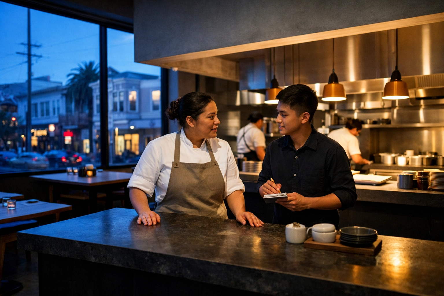 Effective restaurant operations consulting between a chef and server at a modern Mission District eatery.