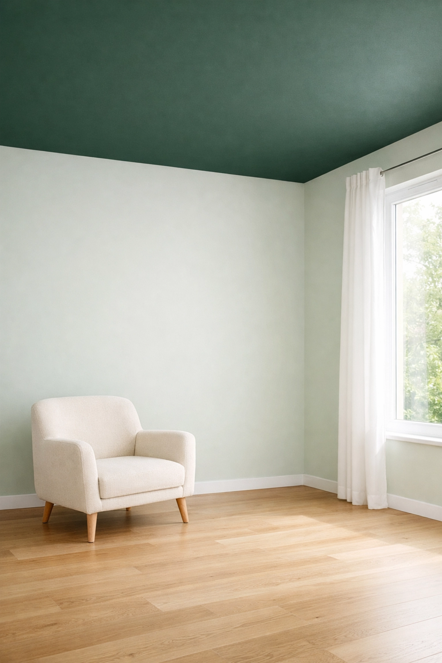 Forest green feature ceiling paired with sage green walls in a bright Gloucestershire home.