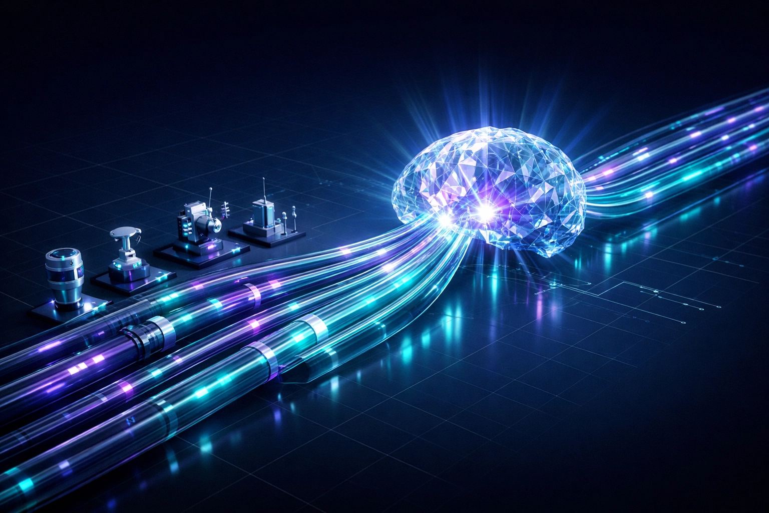Visual representation of industrial data flowing into an AI brain for real-time decision intelligence.