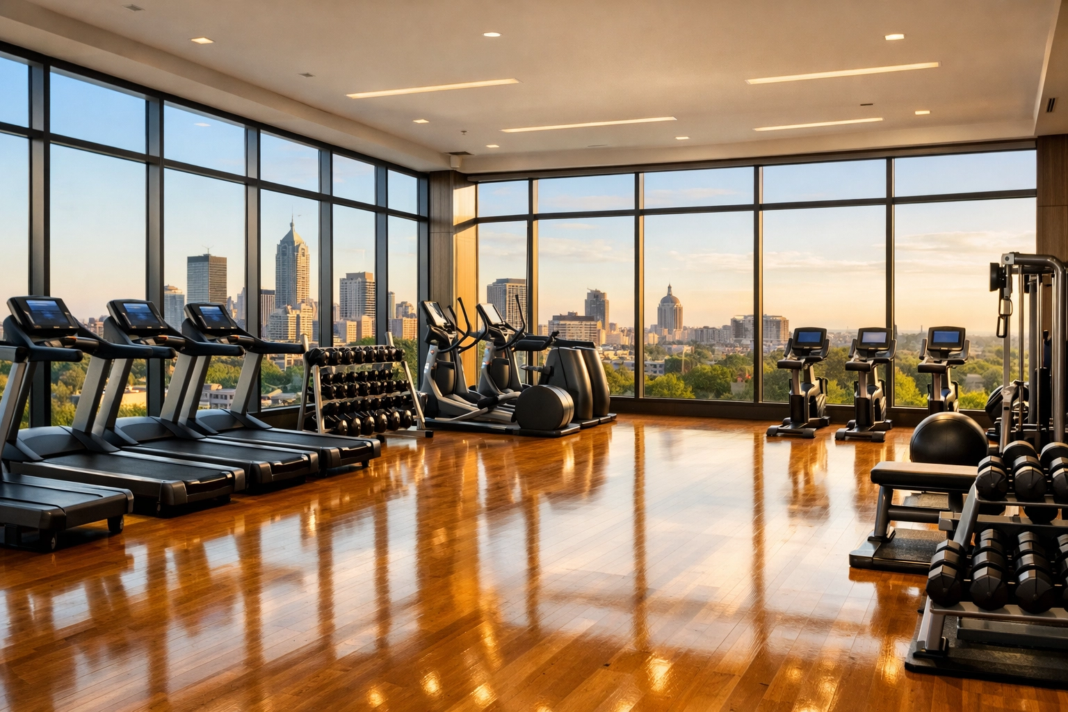 Pristine multi-family fitness center with gleaming floors overlooking a Midwest metropolitan skyline.