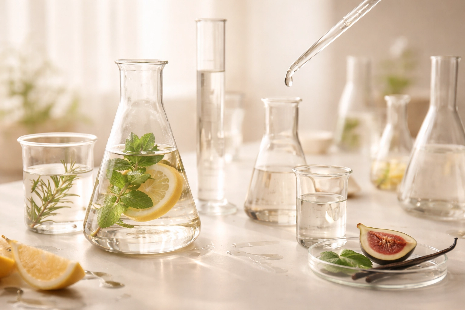 Abstract laboratory-inspired setup with beakers and droppers, representing how “natural flavors” can be created behind the scenes