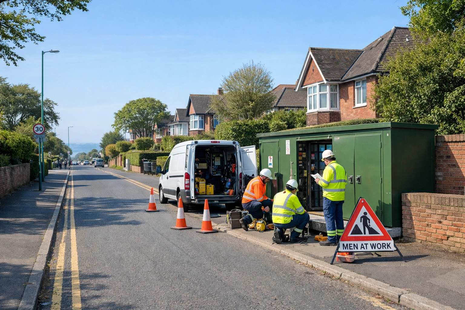 Professional electricians in Dorset performing local network upgrades on a Bournemouth residential street.