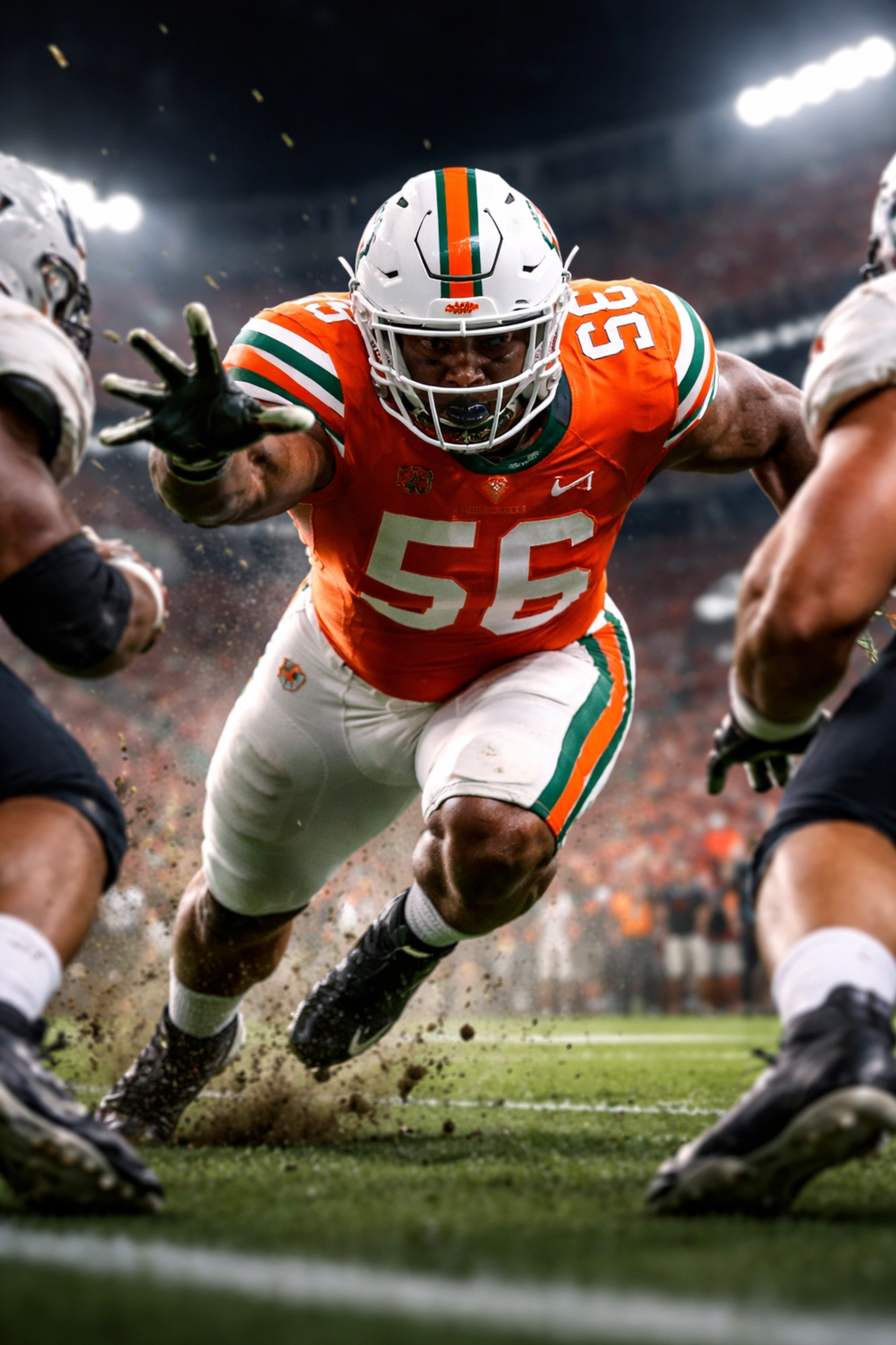 Miami Hurricanes defensive tackle bursting through the offensive line, showcasing explosive pass rushing skills