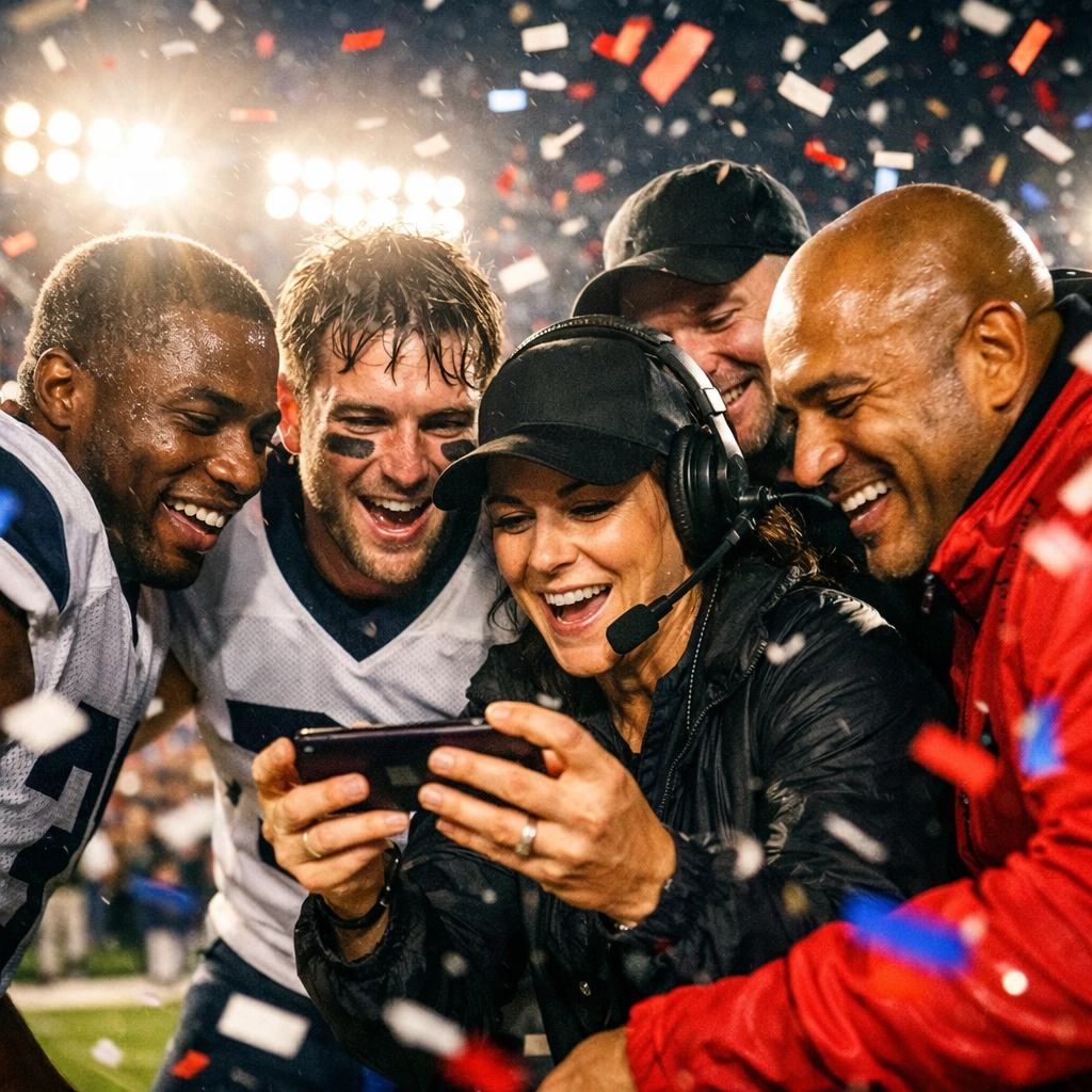 Athletes reviewing game highlights on a smartphone to improve brand reach and high performance.