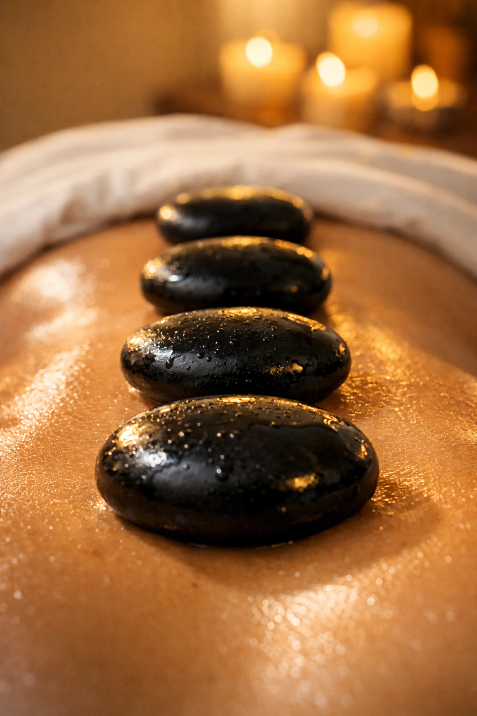 Relaxing hot stone massage treatment on a back, showcasing professional massage Edmonton services for stress.