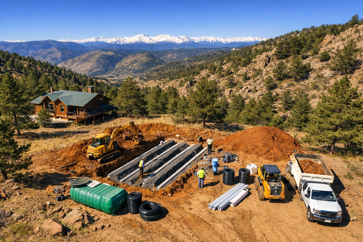Septic installation excavation site in the rocky Arapahoe County foothills with a mountain backdrop.