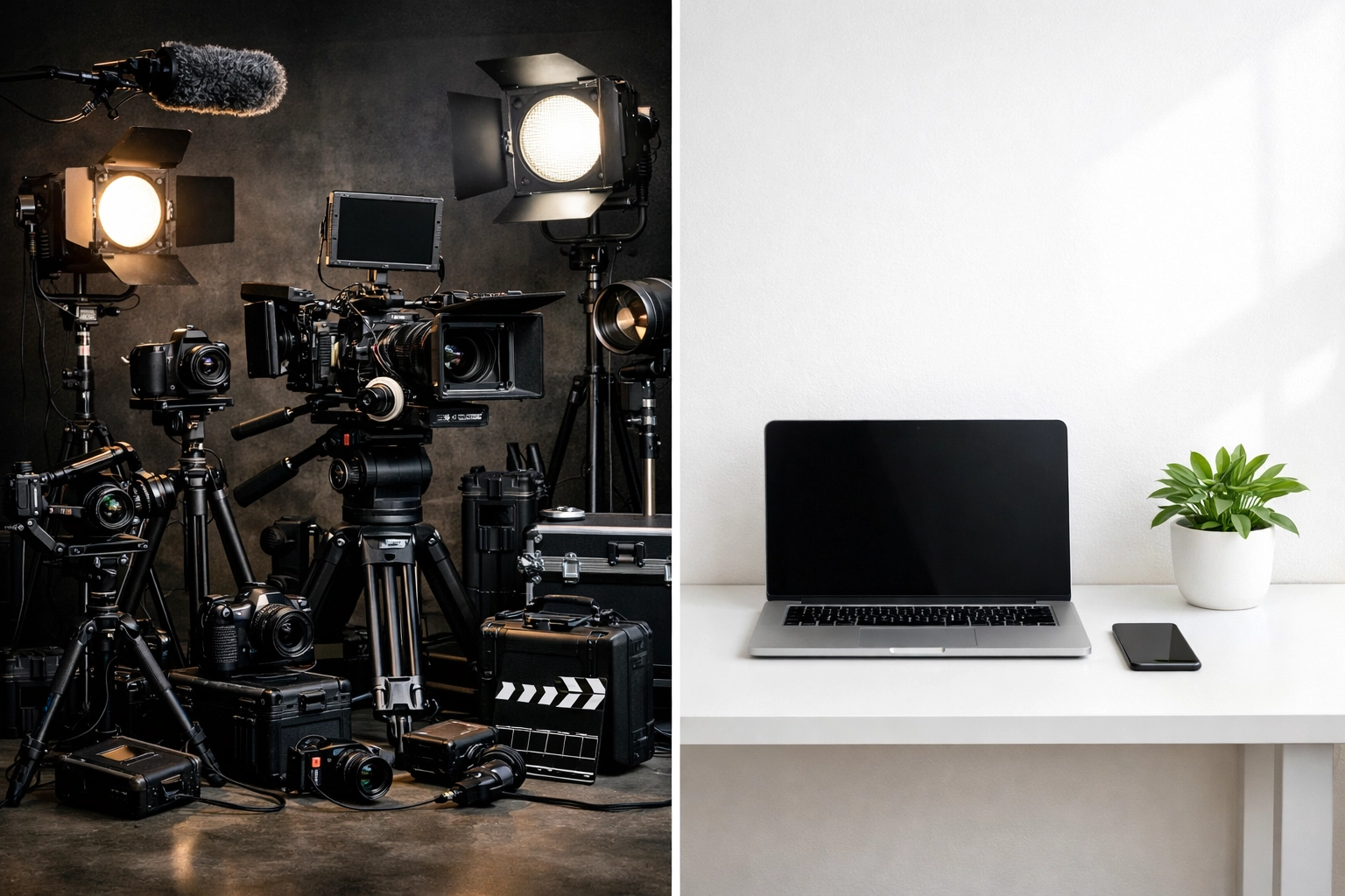 Cost comparison: expensive video equipment versus simple laptop setup for creating social media content