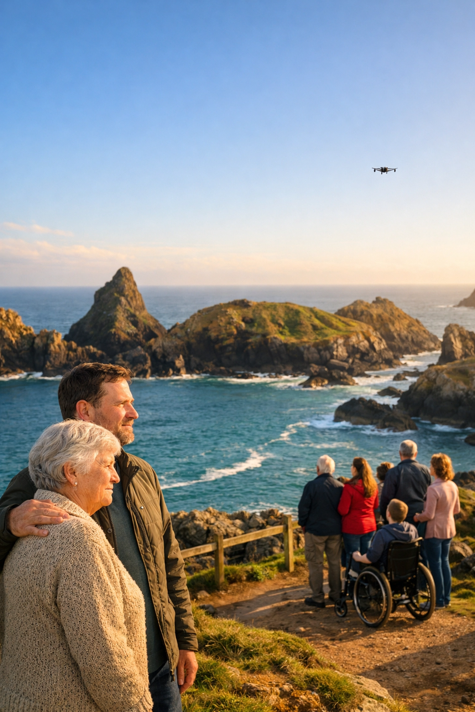 Family at Kynance Cove watching an accessible clifftop ashes scattering ceremony via drone.