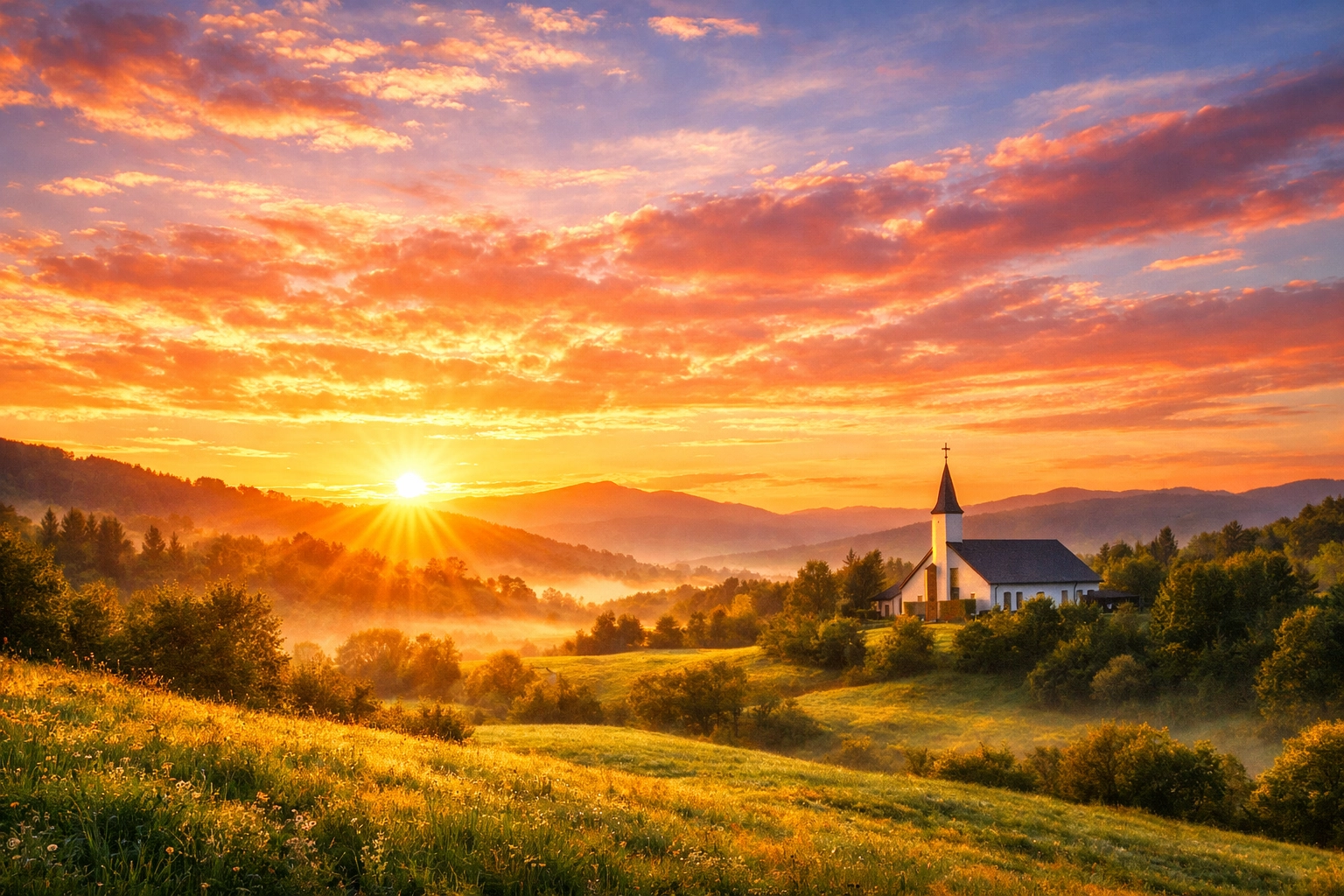 Sunrise over a church valley symbolizing hope and a new start with First Assembly Memphis.