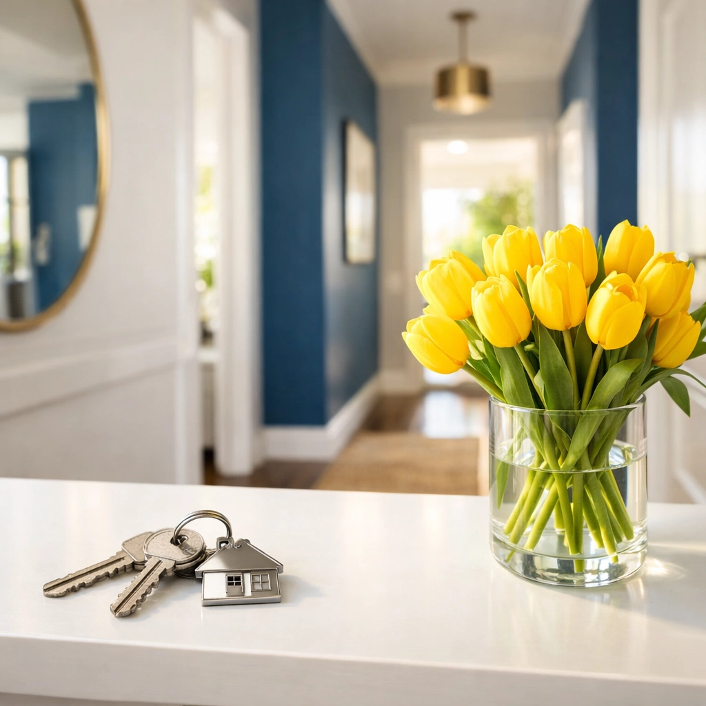 House keys on a clean console table in a Stow residence, symbolizing a successful move-out process.