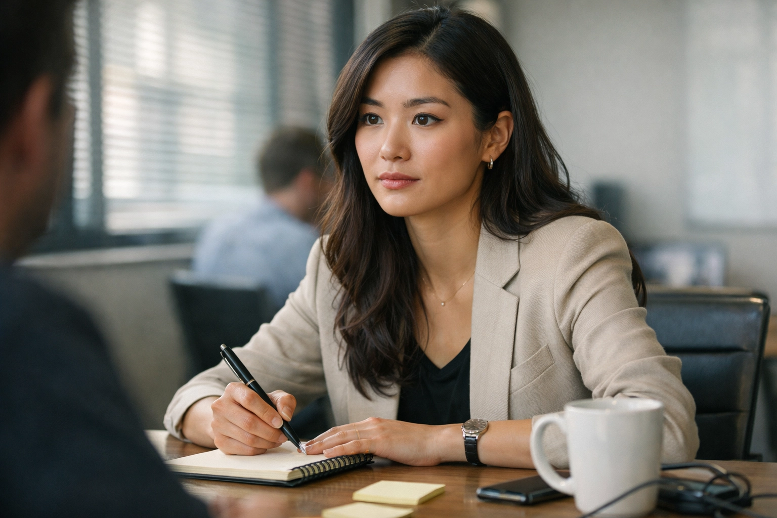 Jordan Lee listening and taking notes in a meeting room—cinematic natural light, shallow depth of field, and lived-in details (markers, mugs, cables).