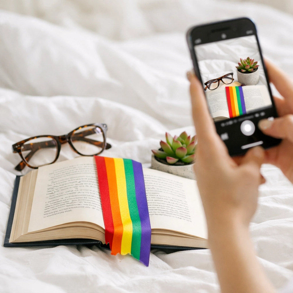 An aesthetic Bookstagram photo of a hardcover LGBTQ+ novel with a rainbow bookmark and glasses.