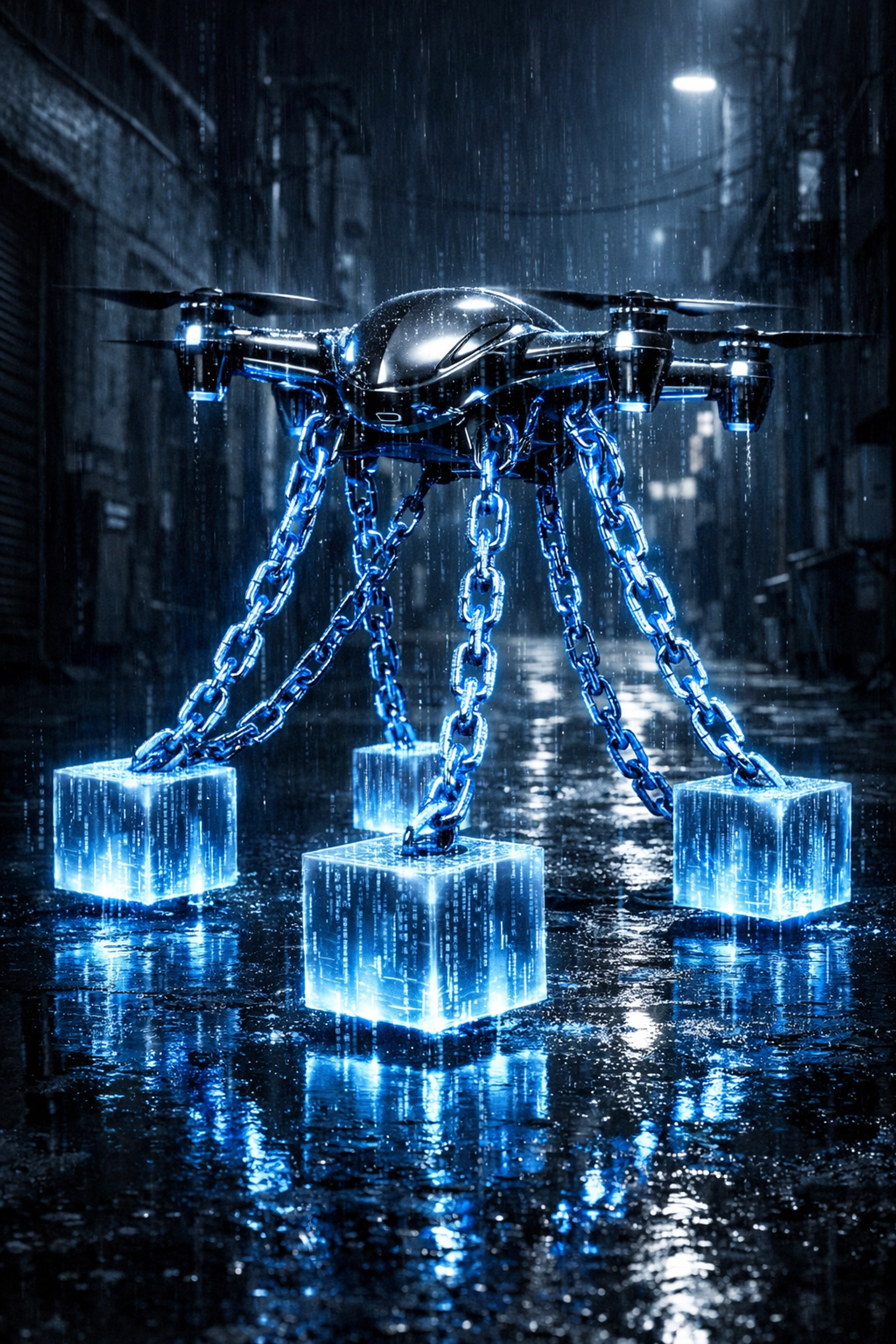 Chrome drone weighed down by heavy chains representing website code bloat and unoptimized performance.