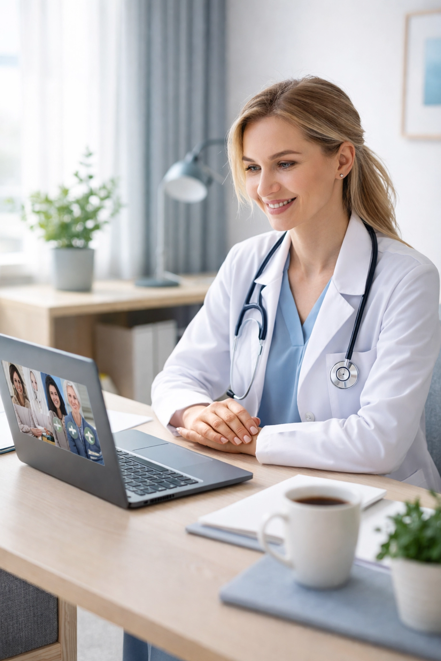 Femme médecin effectuant une téléconsultation depuis son domicile, illustrant la flexibilité de la télémédecine pour les médecins.