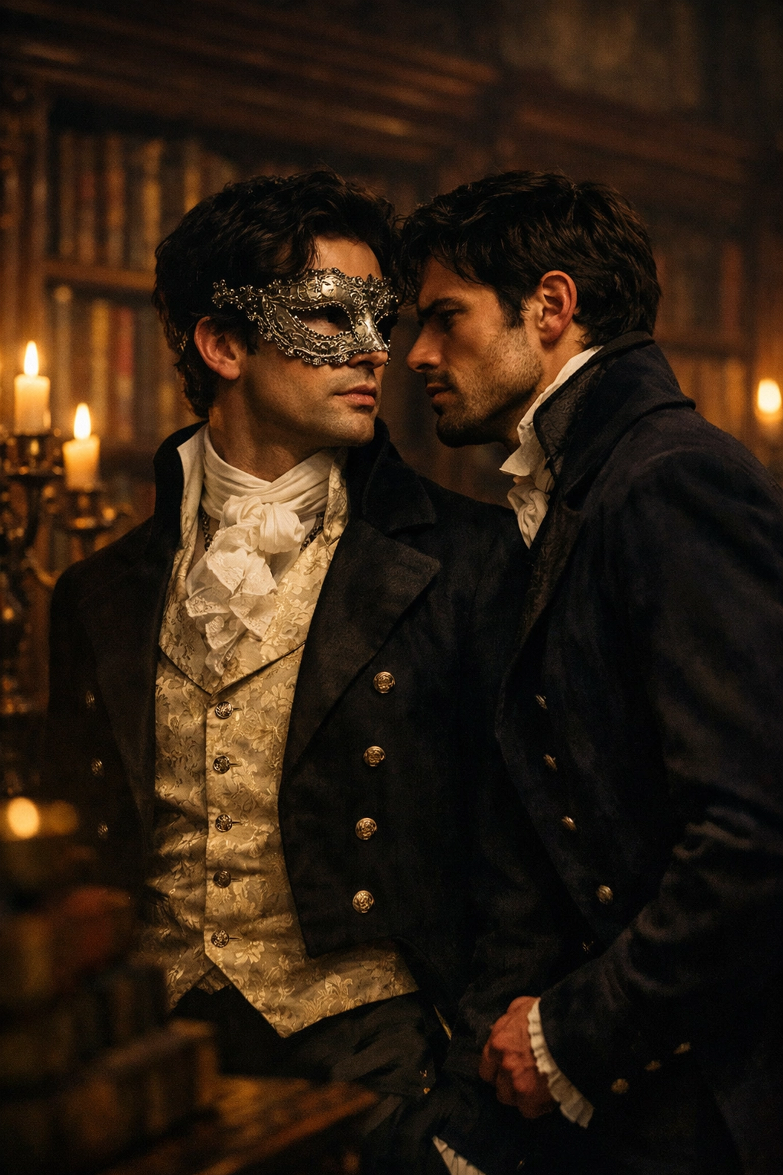 Two men in Regency-era suits sharing an intimate moment in a library, inspired by gay historical romance novels.